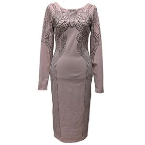 Bebe Long Sleeve Midi Dress Black Studded Embellished Illusion Bodycon‎ Medium